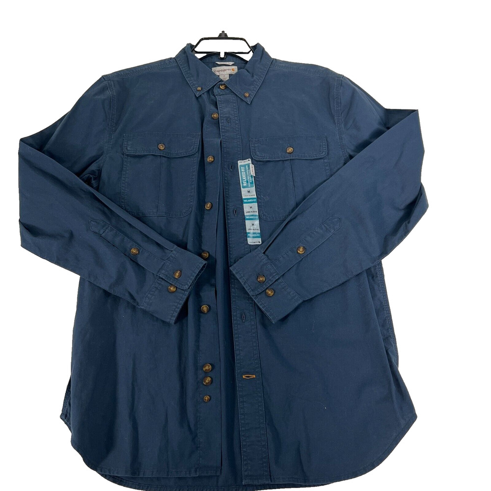 Mens Carhartt Rugged Relaxed Fit Blue LS Work Shirt Two Pockets New M